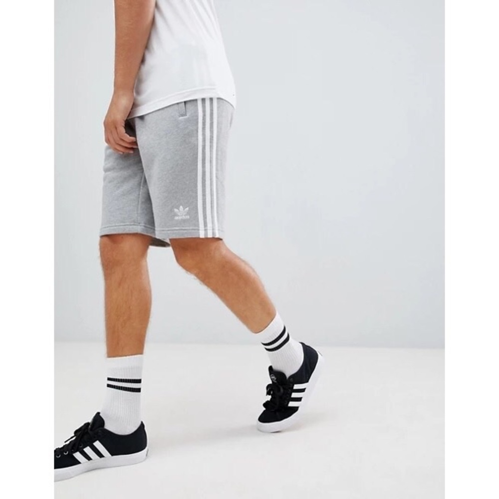 adidas Grey Trefoil 3-Stripe Athletic Shorts